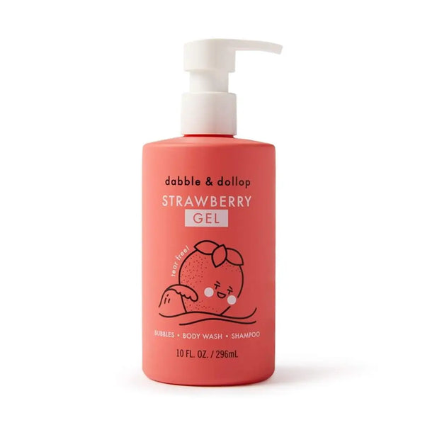 Pink bottle of strawberry gel with pump on a white background