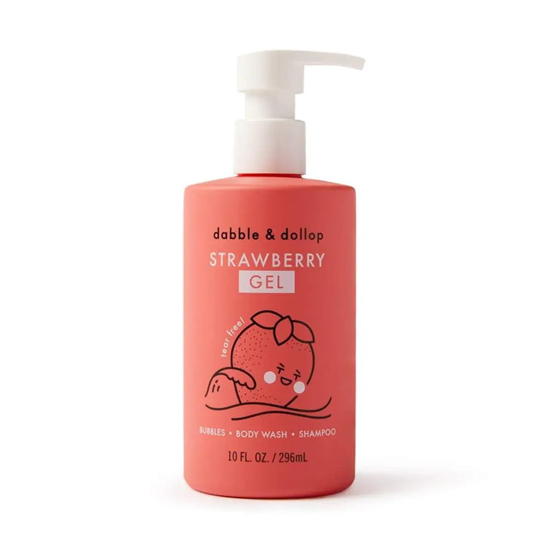 Pink bottle of strawberry gel with pump on a white background